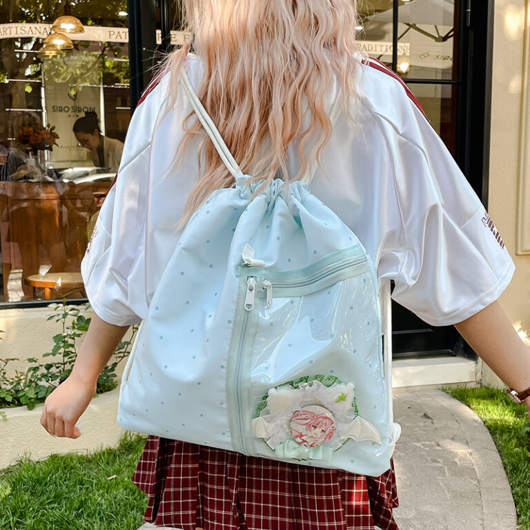 Cute kawaii large capacity drawstring backpack with polka dot and star print