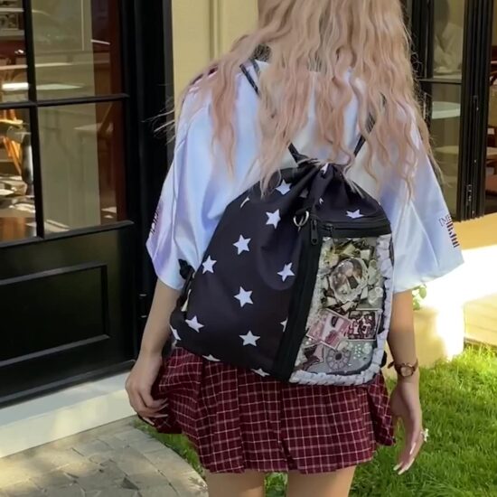 Cute kawaii large capacity drawstring backpack with polka dot and star print