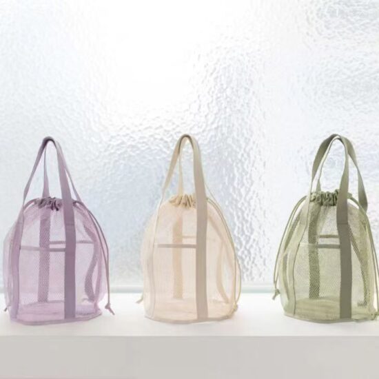 Foldable lightweight mesh travel storage bag with drawstring and handle