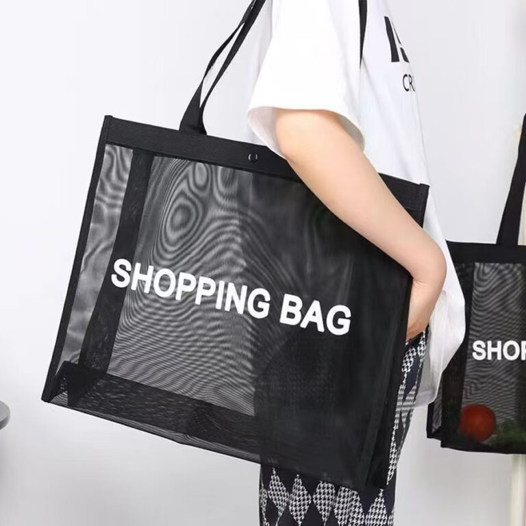 Nylon mesh tote bag for travel, beach, and clothing storage