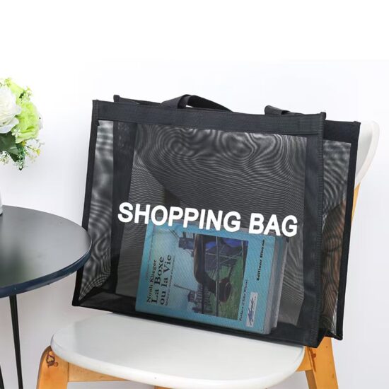 Nylon mesh tote bag for travel, beach, and clothing storage