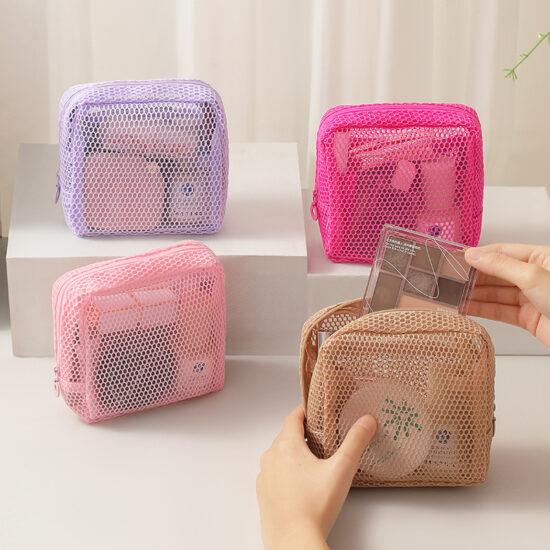 Portable mesh cosmetic pouch for lipsticks, sanitary pads, and daily essentials