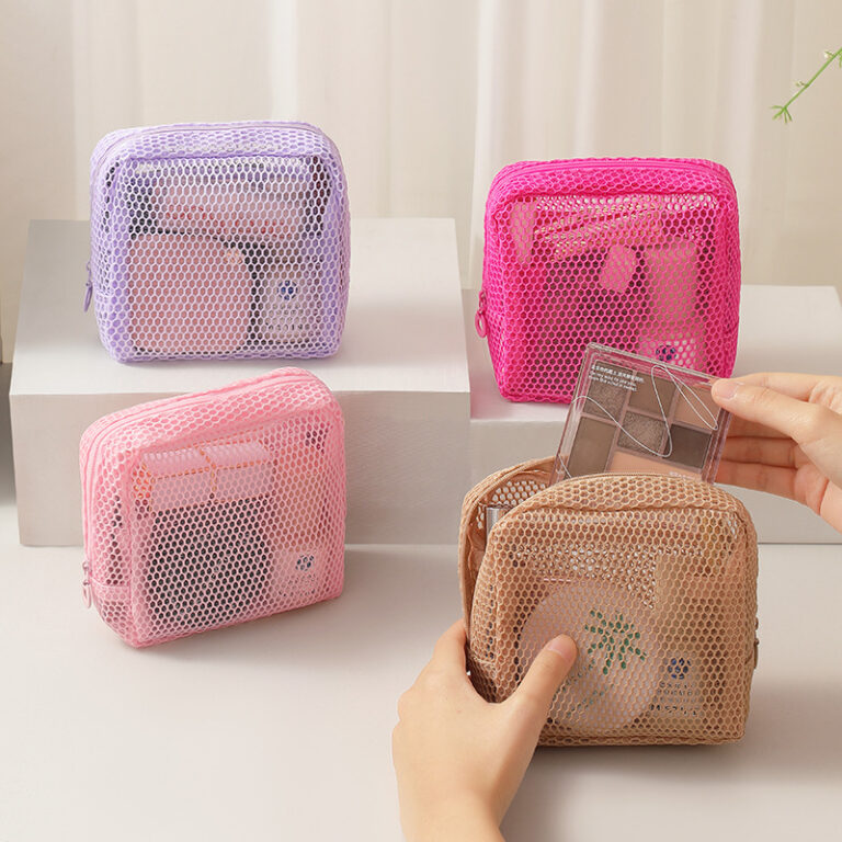 Portable mesh cosmetic pouch for lipsticks, sanitary pads, and daily essentials