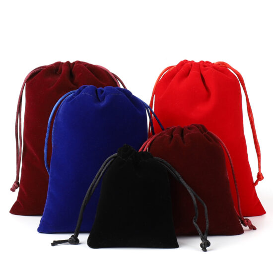 Red velvet drawstring pouch for jewelry and cosmetic storage