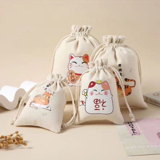 Sheep Print Cotton Drawstring Canvas Bag for Gift and Storage