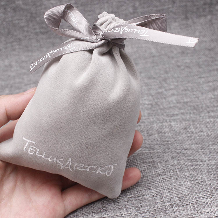 Gray velvet drawstring pouch for bracelet and jewelry storage