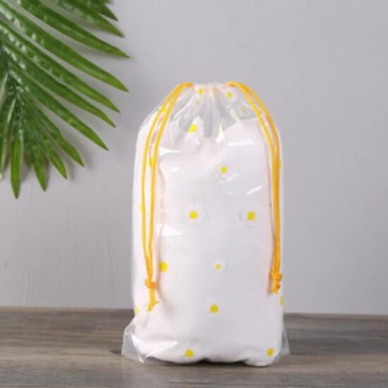 Clear PE drawstring bag with daisy pattern and round bottom