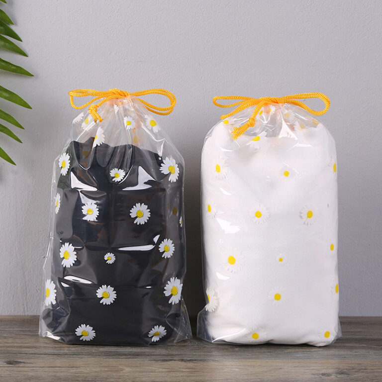 Clear PE drawstring bag with daisy pattern and round bottom