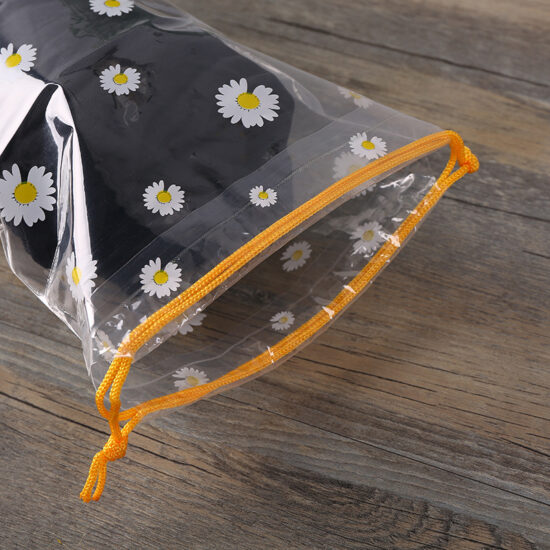 Clear PE drawstring bag with daisy pattern and round bottom