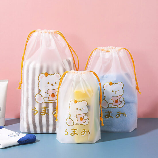 Transparent plastic drawstring bag for clothes and shoes packaging