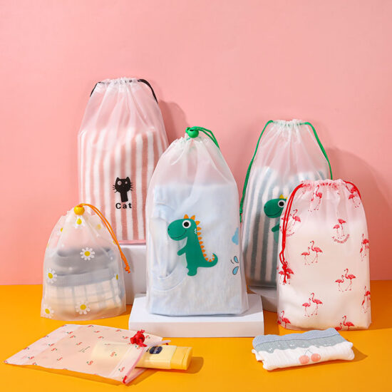 Transparent plastic drawstring bag for clothes and shoes packaging