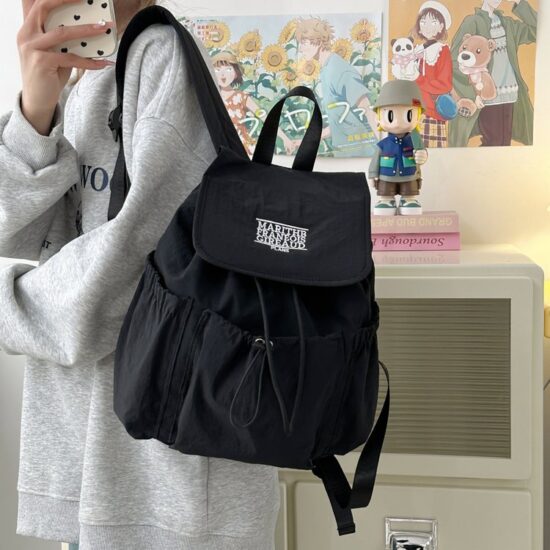 Korean nylon drawstring backpack for women, large capacity student bag