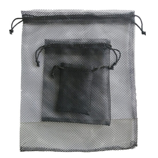 : Black hexagon nylon mesh drawstring shoe storage bag