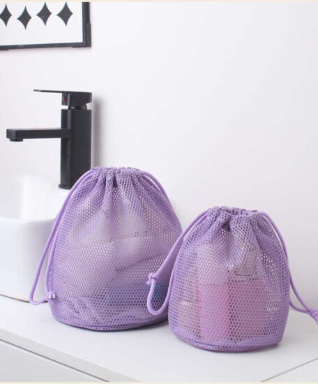 Multi-color mesh drawstring bags for toy and sports gear storage

